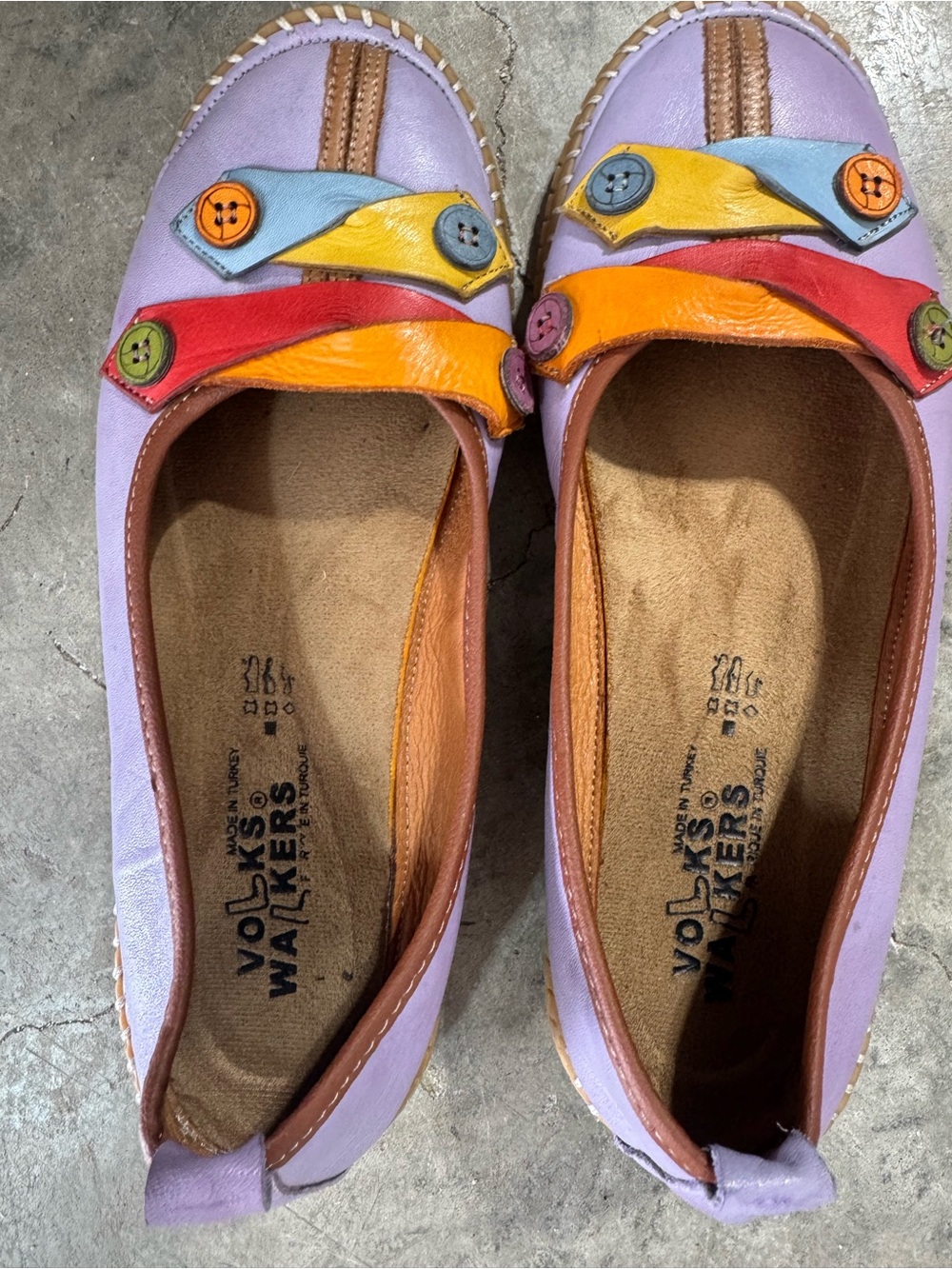 Volks Walkers Lavender Leather Slip-On Flats with Colorful Button Straps